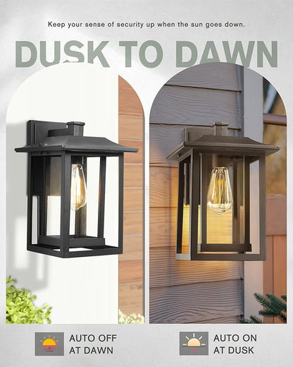 Beionxii Outdoor Wall Mount Light, Dusk to Dawn Exterior Light Fixture Outside Lights for House Porch Patio, Black Cast Aluminum w/Clear Glass (13.5" x 9") - A197W-1PK