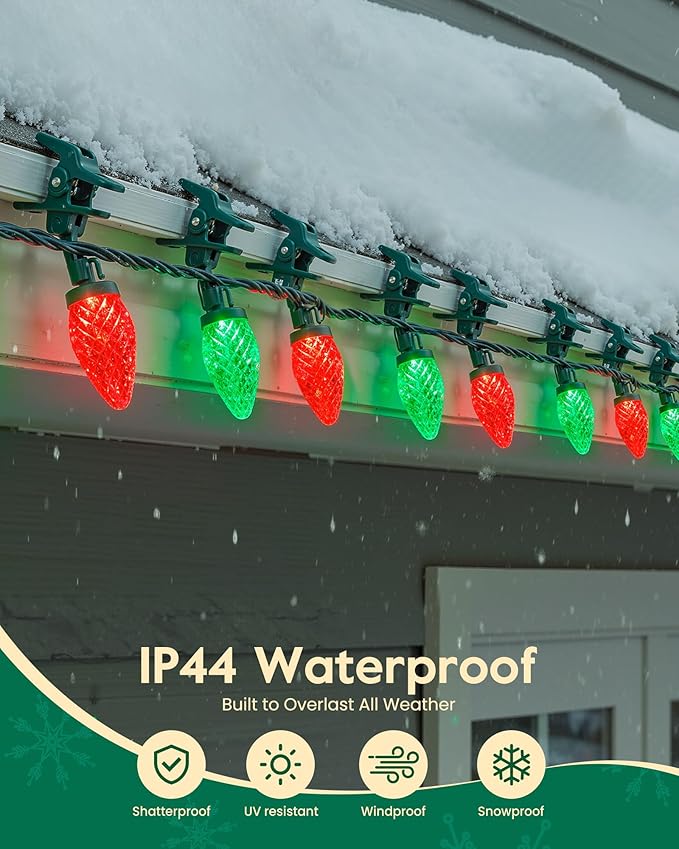 C9 LED Christmas Lights Outdoor with 110 Spring Clips, 65FT 110 LED C9 String Lights Waterproof Connectable for Roofline Patio House Yard Windows Xmas Tree Indoor Outdoor Christmas Decor, Red Green