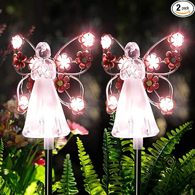 2pcs Fairy Garden Ornaments Outdoor Solar Pathway Lights, Flower Fairy Resin Figurine Lamp for Courtyard Lawn, Commemorate Gift (Pink)