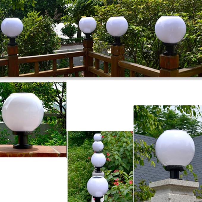 200MM Led Solar Post Light Outdoor Round Ball Landscape Light for Exterior House Garden Yard Patio Fence Deck, White, Random Base