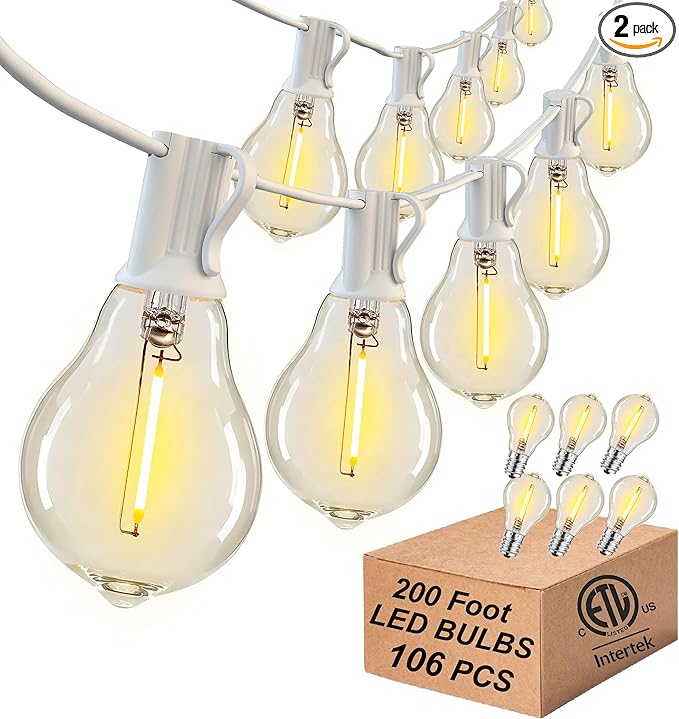 DAMAING Outdoor String Lights 200FT(2x100FT) Waterproof Patio Lights with 105 Plastic Dimmable LED Edison Bulbs,Connectable Outdoor Lighting for Backyard,Garden and Wedding Outside, 2200K White Cord
