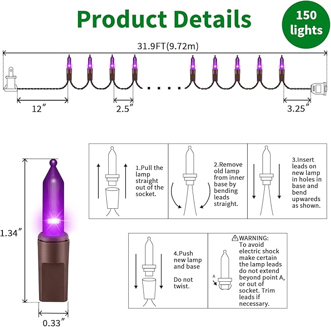 LAMPHOME Purple Christmas Lights Decoration 150Lights 31.9ft UL Certified Mini Bulb String Lights Set for Outdoor | Lumora
