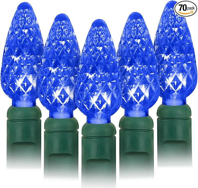 70 Count C6 Blue Christmas Lights - 35.5ft Outdoor, Waterproof, Green Wire, IP65, UL Listed | Lumora