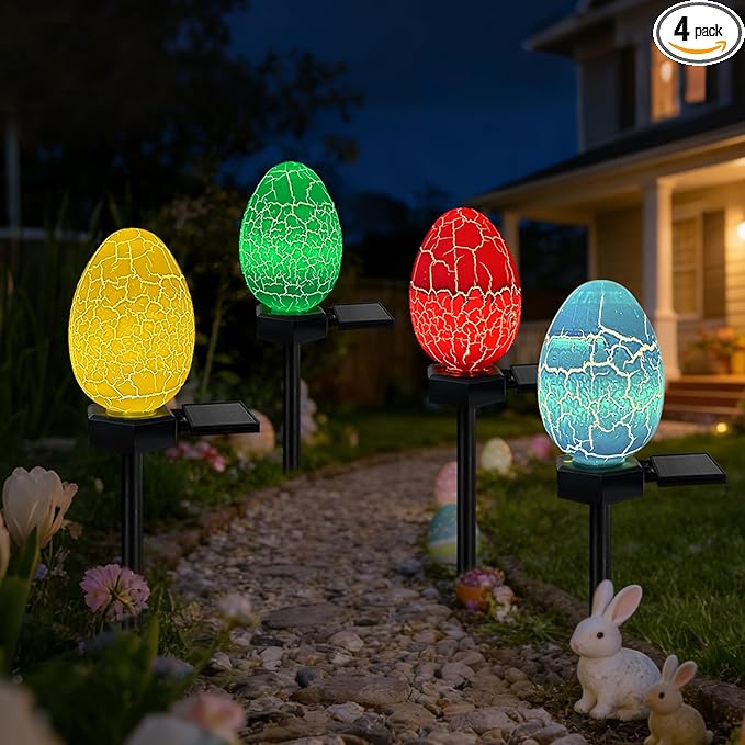 4 Pack Solar Easter Egg Lights Outdoor, Waterproof Solar Easter Yard Decorations Outdoor Easters Yard Stakes Lights for Outside Lawn Walkway Patio Cemetery Grave (Red/Yellow/Green/Blue)