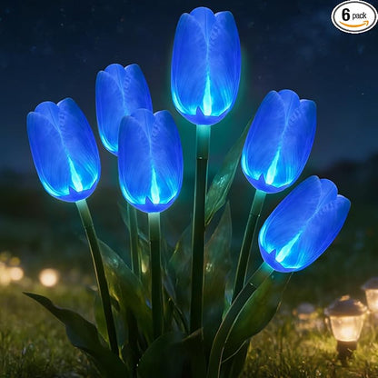 6PACKS Garden Gifts for Mother Day Decorations - Cute Artificial Tulip Blue Flower with Outdoor Path Lights Waterproof,Auto-On/Off,Bright Flower Solar Stake Light for Yard,Porch,Spring Decor