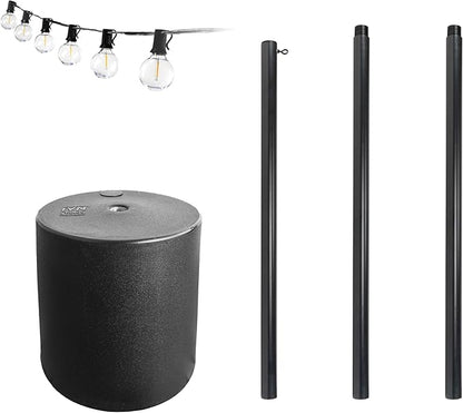 Outdoor String Light Pole Stand with 25 ft G40 Bistro String Lights - 9.5 Feet, Black, Heavy-Duty with Freestanding Tank Base for Grass, Patio, Deck, Events