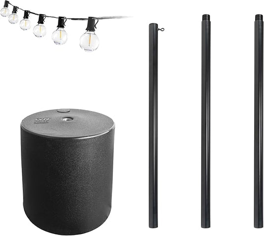 Outdoor String Light Pole Stand with 25 ft G40 Bistro String Lights - 9.5 Feet, Black, Heavy-Duty with Freestanding Tank Base for Grass, Patio, Deck, Events