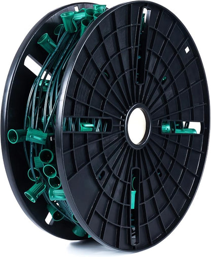 Brightown Commercial 250 FT C9 Christmas Light Sockets Set Spool, C9 Christmas Stringer Bulk Reel, C9 E17 Candelabra Base, SPT-1 8-Awg, Green Wire