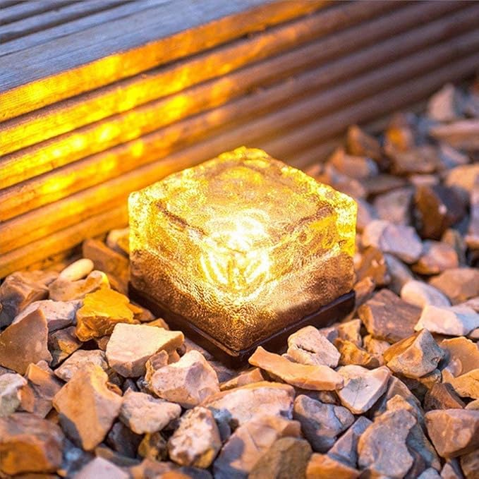 4 Pack Solar Path Ice Cube Lights Outdoor, Waterproof Glass LED Glass Clear Brick in-Groud Buried Festive Light Night Lamp for Garden Courtyard Pathway Patio Pool Pond Decoration(Warm White)
