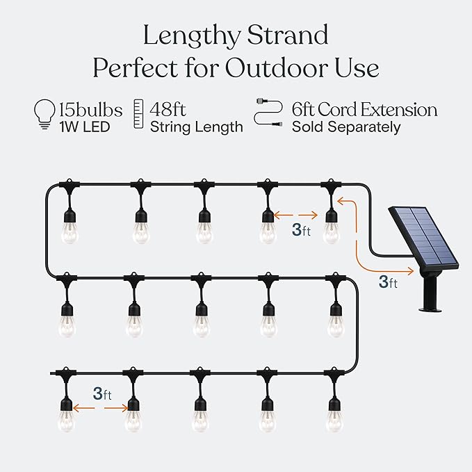 Brightech Ambience Pro - 48 Ft Waterproof, Solar Power Outdoor String Lights - 1W LED Hanging Edison Bulbs Create | Lumora