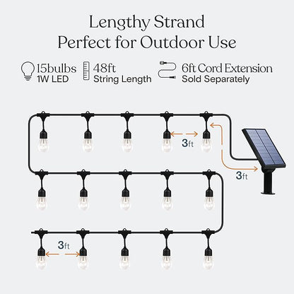 Brightech Ambience Pro - 48 Ft Waterproof, Solar Power Outdoor String Lights - 1W LED Hanging Edison Bulbs Create Bistro Ambience in Your Yard - Commercial Grade, Shatterproof - 15 Lights, Soft White