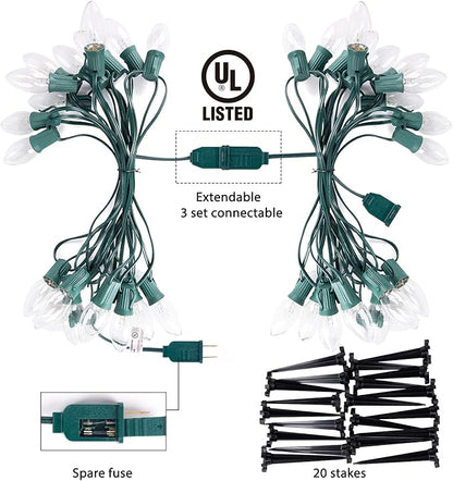 C9 Christmas Pathway String Lights, 25.7 Feet 40 Clear Lights and 20 Stakes, Extendable Waterproof for Outdoor Walkway and Driveway, UL Listed, Warm White