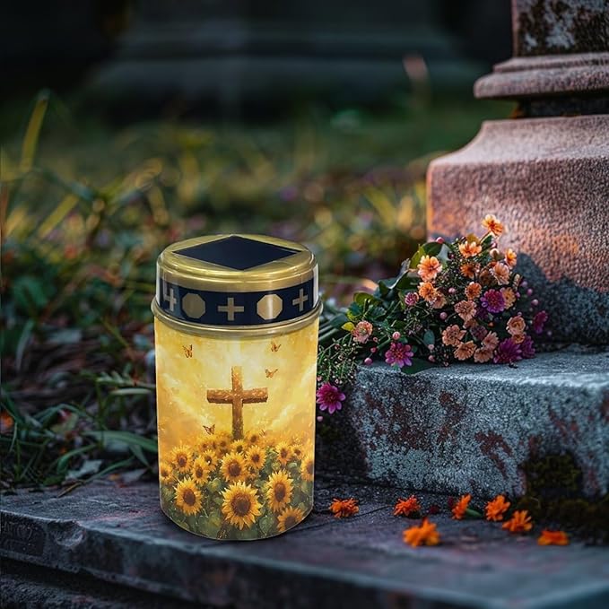 Cemetery Solar Lights for Outside Cross Sunflowers Solar Powered Garden Stake Lights Decorate Lawn, Patio, Fence, Backyard