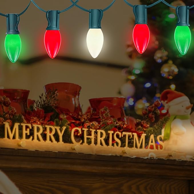 25FT C7 Christmas Lights Outdoor, Red Green White 3-Color LED String Lights for Roof, Fence, Tree, Wedding, Party | Lumora