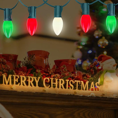 25FT C7 Christmas Lights Outdoor, Red Green White 3-Color LED String Lights for Roof, Fence, Tree, Wedding, Party, Patio, Bright Holiday Decor