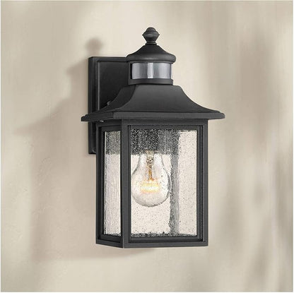 John Timberland Moray Bay Industrial Outdoor Wall Light Fixture Black Steel 11 1/2" Seedy Glass Motion Sensor Dusk to Dawn for Exterior House Porch Patio Outside Deck Front Door Garden Home