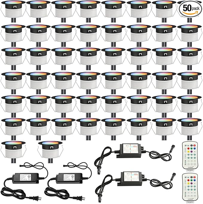 Sumaote 50pc LED Deck Lights Kit, Smart RGBW Φ1.22 Low Voltage Recessed Lighting IP67 Waterproof In-ground Landscape Lights for Steps, Wedge, Deck, Patio - Black Shell