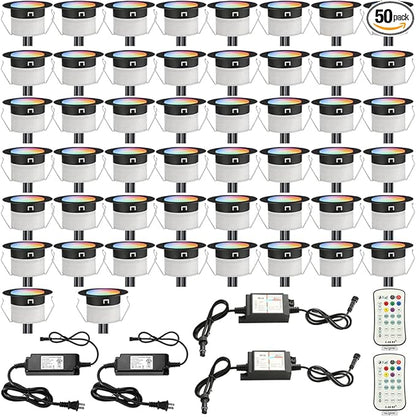 Sumaote 50pc LED Deck Lights Kit, Smart RGBW Φ1.22 Low Voltage Recessed Lighting IP67 Waterproof In-ground Landscape Lights for Steps, Wedge, Deck, Patio - Black Shell