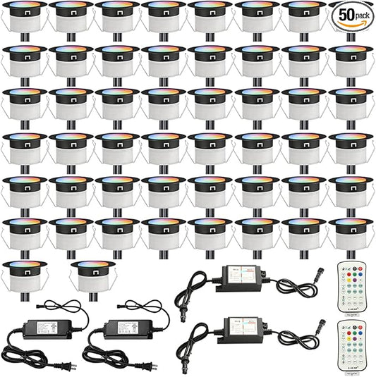 Sumaote 50pc LED Deck Lights Kit, Smart RGBW Φ1.22 Low Voltage Recessed Lighting IP67 Waterproof In-ground Landscape Lights for Steps, Wedge, Deck, Patio - Black Shell