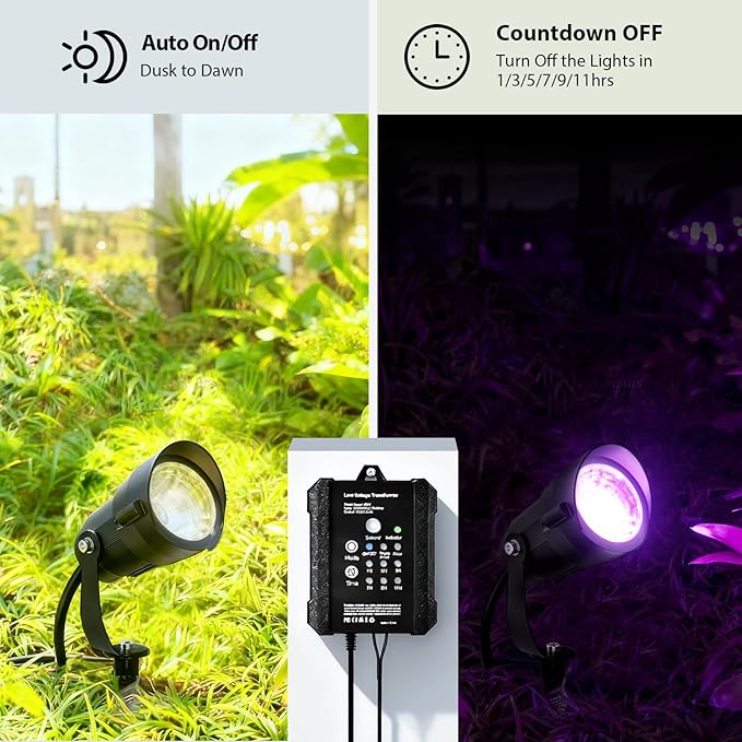 Outdoor All-in-One RGBWW Low Voltage Landscape Lighting Kit, 6-Pack 12W Color Changing LED Spotlight Light with Transformer and 16/2 Wire,12-24V AC/DC Waterproof for Yard Garden Festival Decor