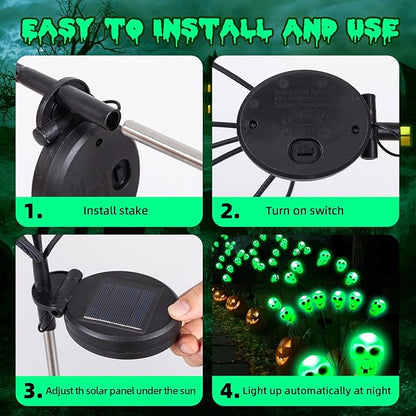 Halloween Solar Pathway Lights 2PK 12 LEDs Solar Outdoor Garden Stake Lights,Waterproof Pathway Light for Halloween Party Home Yard Patio Decorations Skull