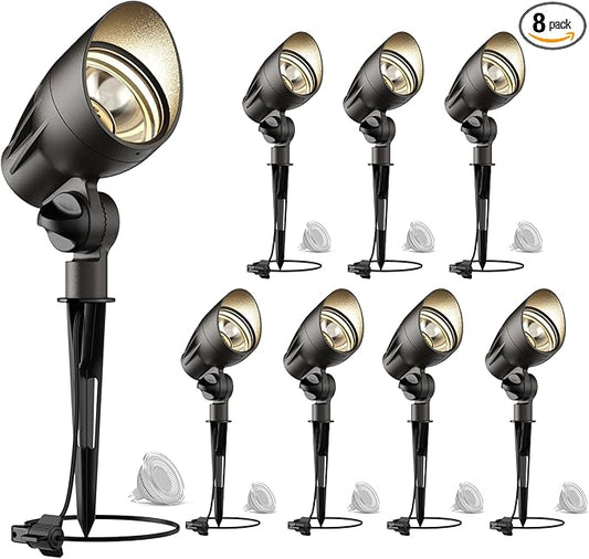 GOODSMANN Low Voltage Landscape Flood Lights 5W LED 8PK Outdoor Spotlight 2700K Warm White Replaceable LED Bulbs Outside Hardwired Lighting with Metal Stake Cable Connector Replaceable