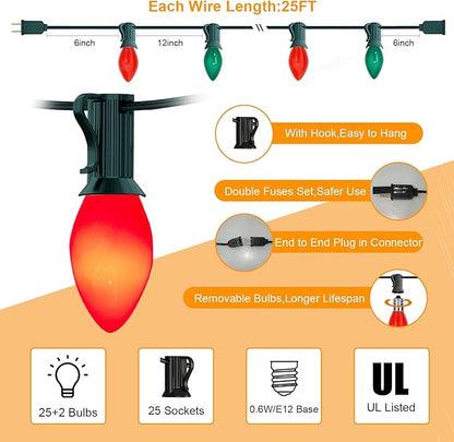 C7 LED Christmas Lights, 25Ft Outdoor Multicolor String Lights with 27 Red Green LED Bulbs, Connectable Indoor Outdoor Christmas String Lights for Tree Backyard Porch Party Holiday Decor-Red & Green
