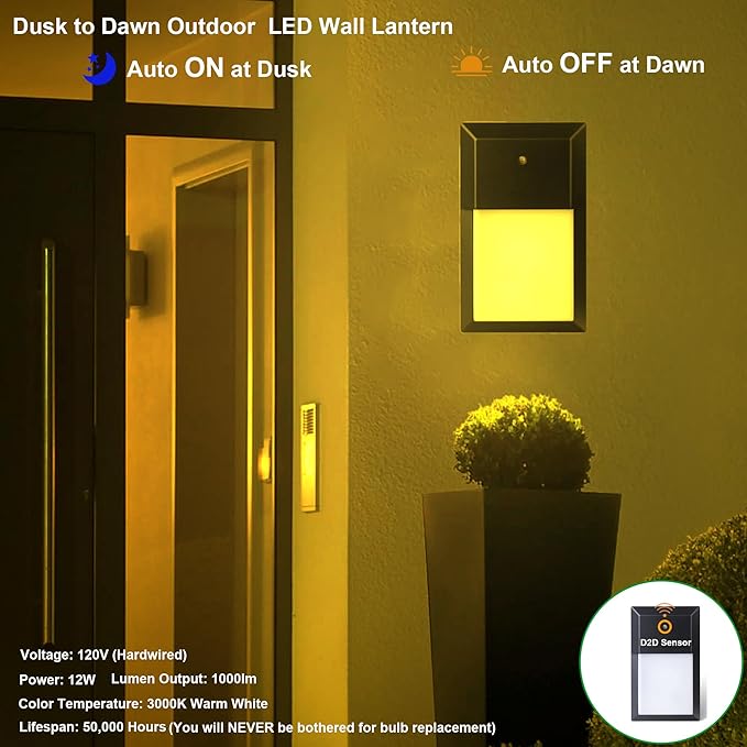 LIT-PaTH Dusk to Dawn Outdoor Wall Lantern, LED Wall Sconce for Porch Lighting Fixture, 12W 1000 Lumens, Aluminum Housing Plus PC, 2-Pack, 3000K-Black Finish