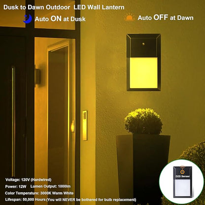 LIT-PaTH Dusk to Dawn Outdoor Wall Lantern, LED Wall Sconce for Porch Lighting Fixture, 12W 1000 Lumens, Aluminum Housing Plus PC, 2-Pack, 3000K-Black Finish