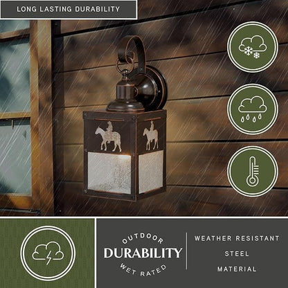 VAXCEL 2-Pack Trail 13 in. H 1-Light Burnished Bronze Rustic Cowboy Outdoor Wall Sconce Made of Durable Steel, Clear Seeded Glass Shade, LED Compatible, Exterior Porch Patio Front Door or Garage