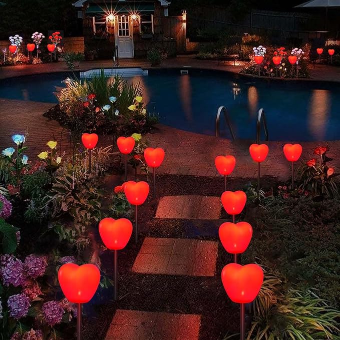 Set of 6 Solar Red Heart Stake Lights for Valentines Day Decor, Outdoor Waterproof Heart Shaped Light for Garden Pathway Flowerbed Cemetery Grave Porch Walkway Valentine's Theme Decorations