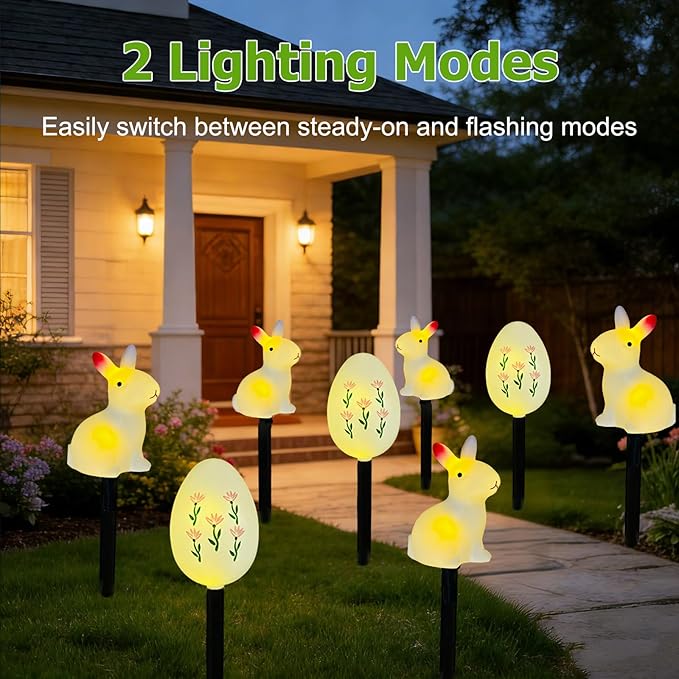 AVEKI 5 Pcs Easter Bunny and Egg Solar Pathway Lights Outdoor, Stake Lights with Steady & Flashing Modes, Waterproof Outdoor Garden Lights for Easter Decorations Yard Pathway (Bunny and Egg)