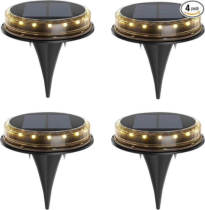 4-Pack Solar Ground Lights Warm White Light Disk Light Solar Powered Outdoor Waterproof in-Ground Lights Warm White | Lumora