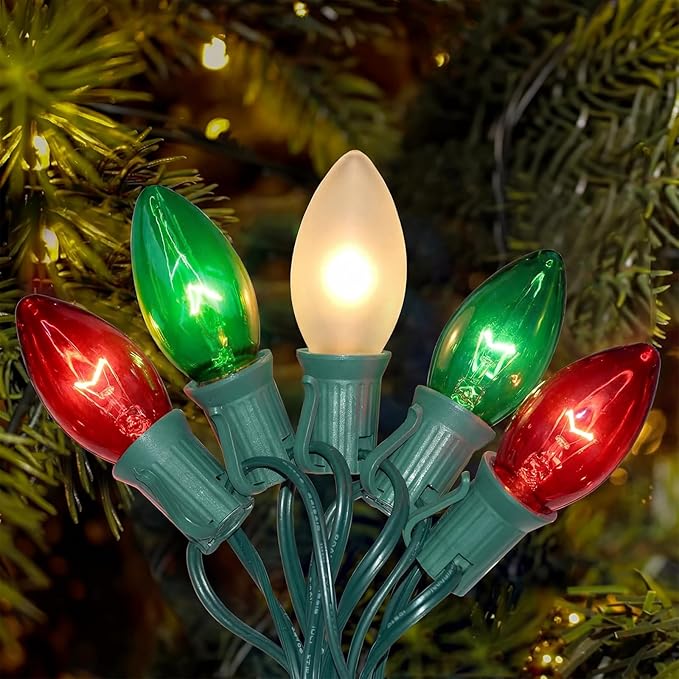 25Ft C9 Christmas Multicolor String Lights, Vintage Christmas Lights with 27 C9 Clear Red/Green/Frosted White | Lumora