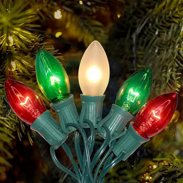 25Ft C9 Christmas Multicolor String Lights, Vintage Christmas Lights with 27 C9 Clear Red/Green/Frosted White | Lumora