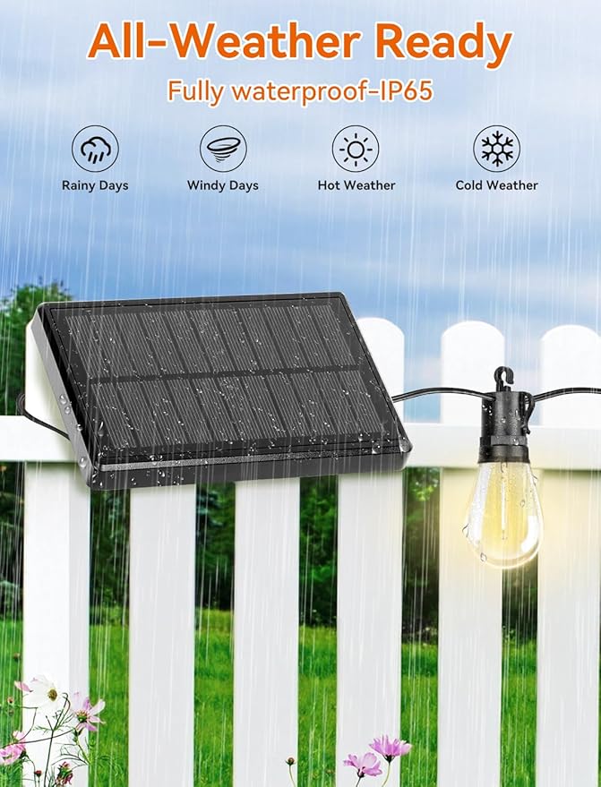 Brightever Solar Powered Outdoor String Lights with Remote, 27FT Commercial Grade Waterproof Solar Patio Lights, 12+1 Shatterproof LED Bulbs 3 Lighting Modes, Dimmable Solar Lighting for Outside