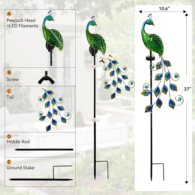 Solar Peacock Garden Stake Lights Outdoor, Waterproof Metal Glass Decorative Landscape Path Lights with Thick Stake Glow in The Dark Eye for Pathway Patio Lawn Yard