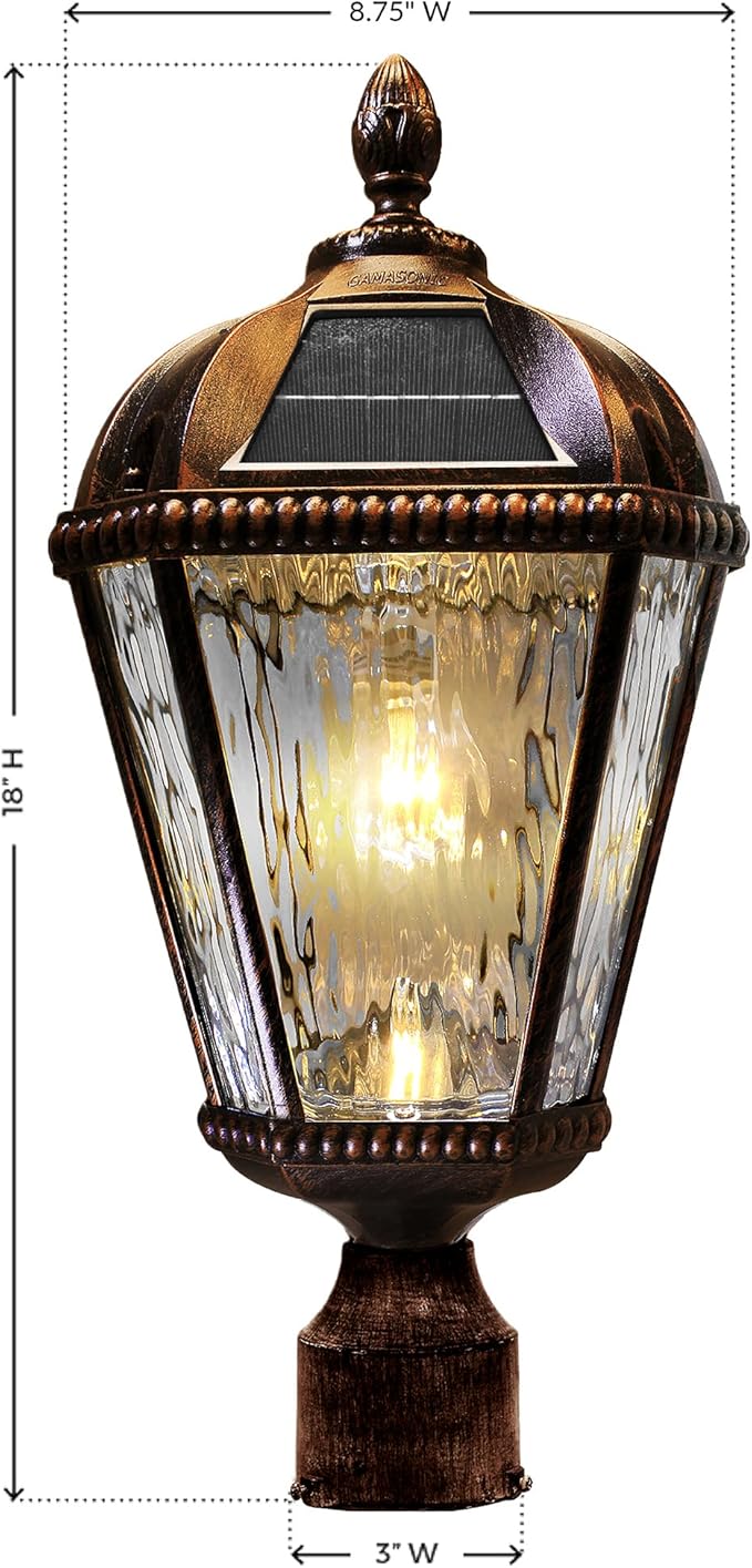 Gama Sonic Outdoor Solar Post Light, Brushed Bronze Finish Aluminum, Royal Bulb, Clear Rain Glass, 3-inch Fitter | Lumora