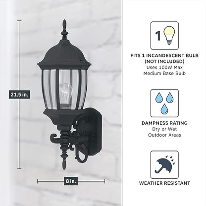 Designers Fountain Tiverton Outdoor Light Fixture, 21.5 Inch Exterior Wall Lantern Sconce for Front Door, Patio and Porch, Black, 2422-BK