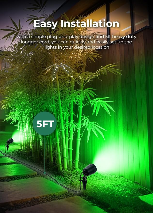 Christmas Spotlights Outdoor, 120V Plug-in Halloween Spot Light, 5000K LED Landscape Lighting with 5 Color Lenses (Red Green Blue Purple Yellow), IP67 Waterproof, 4 Pack