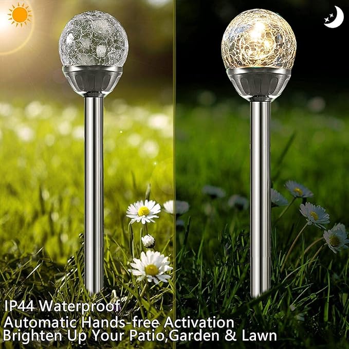4Pack Solar Glass Crackle Ball Pathway Light Outdoor Waterproof Solar Garden Path Lights Landscape Lighting Decoration (Warm White)