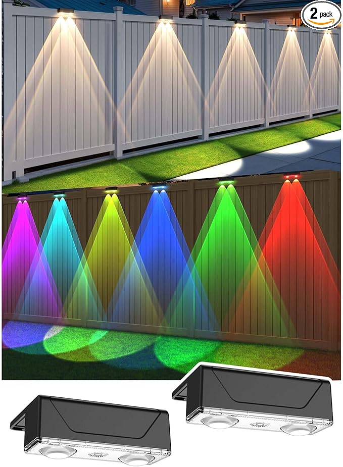 Solar Fence Lights Outdoor - Warm White & RGB 6 Color, Dusk to Dawn Deck Light, IP55 Waterproof Garden Lights for Outside/Backyard/Railing/Step/Patio/Wall (2PK)
