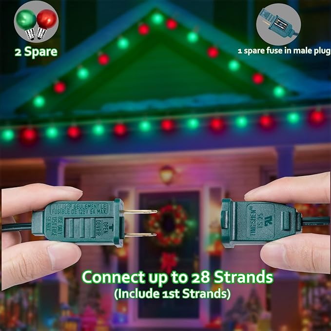 50Ft G40 Outdoor Christmas Lights, LED G40 Colored Christmas Lights with 27 Shatterproof Frosted Globe Light Bulbs(2 Spare) for Holiday Gifts Bistro Balcony Roofline Garden Decor-Red and Green