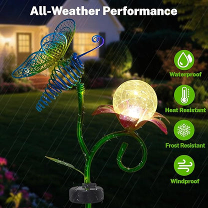 Solar Butterfly Garden Lights-Solar Powered Outdoor Decorative Lights with Metal Stakes & Butterfly Decor Waterproof Crackle Glass Globe Led Landscape Lighting for Garden Pathway Lawn Yard (1PC)