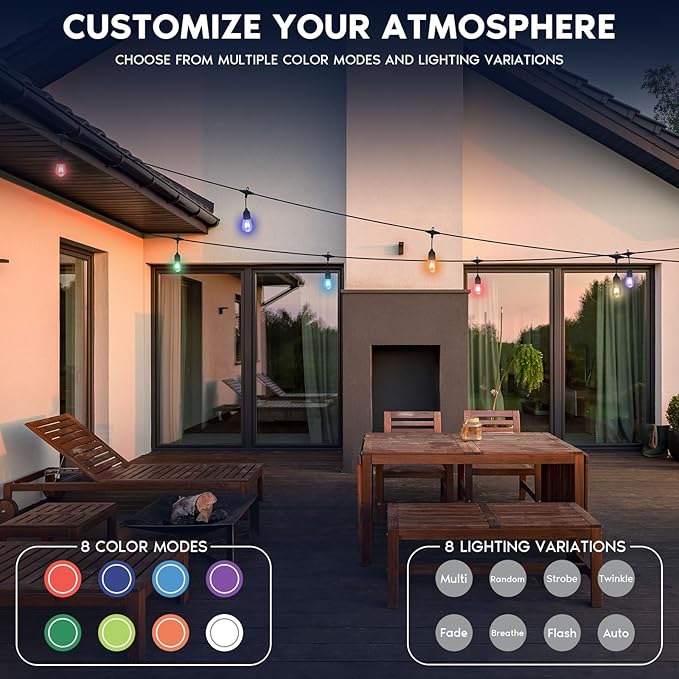 LUXRITE 48FT LED RGBW Outdoor String Lights, Remote Control Color Changing Cafe Lights, Commercial Grade | Lumora