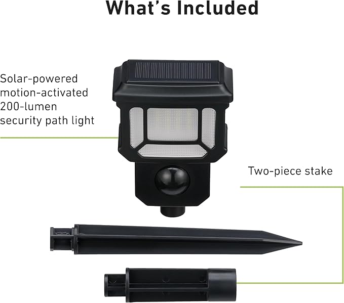 Good Earth Lighting Solar LED Landscape Security or Strobe Path Light in Matte Black, Motion Sensor with Auto Off, 200 Lumens, 5000K Color Temperature, IP65 Rated