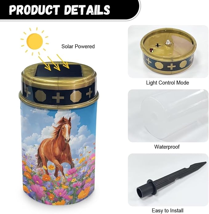 ZOUTAIRONG Solar Light for Cemetery Grave Garden Lights Flower Horse Pattern Solar Powered Pathway Lights Outdoor Cemetery Lamp-2 Pack