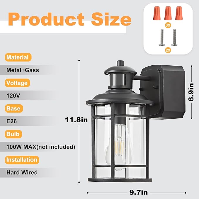 OKELI Patio Wall Light Fixture with Dual GFCI Outlets, Outdoor Light with Outlet, Motion Sensor Dusk-to-Dawn, Vintage Industrial Black Lantern, for Porch Patio Garage (2 Pack)