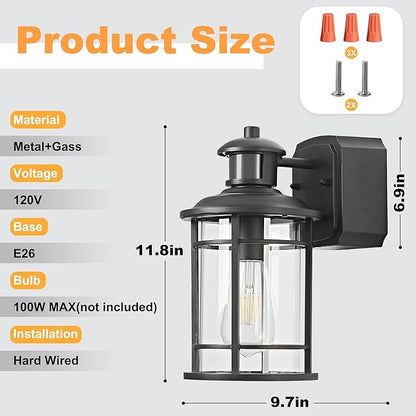 OKELI Patio Wall Light Fixture with Dual GFCI Outlets, Outdoor Light with Outlet, Motion Sensor Dusk-to-Dawn, Vintage Industrial Black Lantern, for Porch Patio Garage (2 Pack)