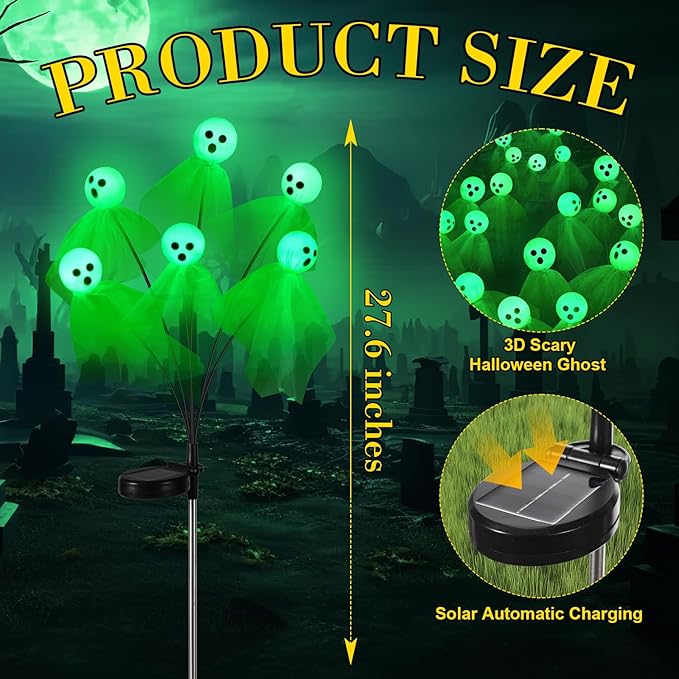 VIHOSE 6 Packs Halloween Solar Lights Outdoor 36 LED Solar Ghost Pathway Lights Waterproof Spooky Ghost Path Light Outdoor Halloween Decorations for Outside Garden Lawn Yard Decors (Green)